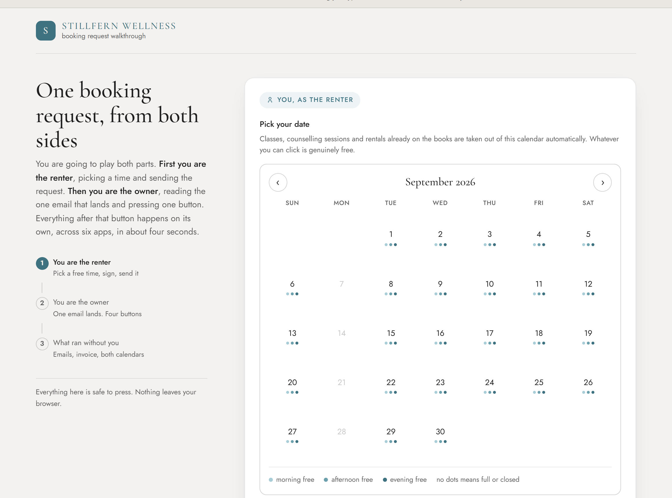 The custom booking web app demo: a public availability calendar for renting the studio space, with a walkthrough of the request and approval flow.