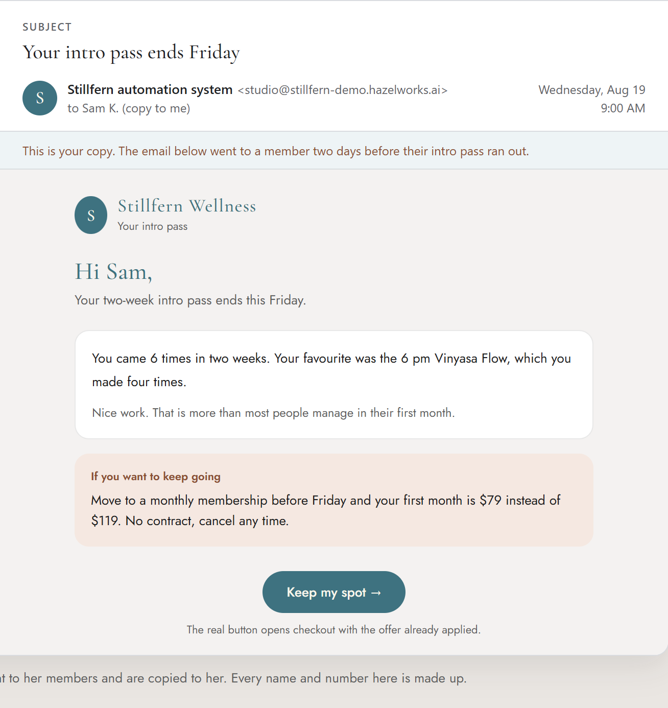 An automated trial-ending offer email sent by the system, with a copy sent to the owner.