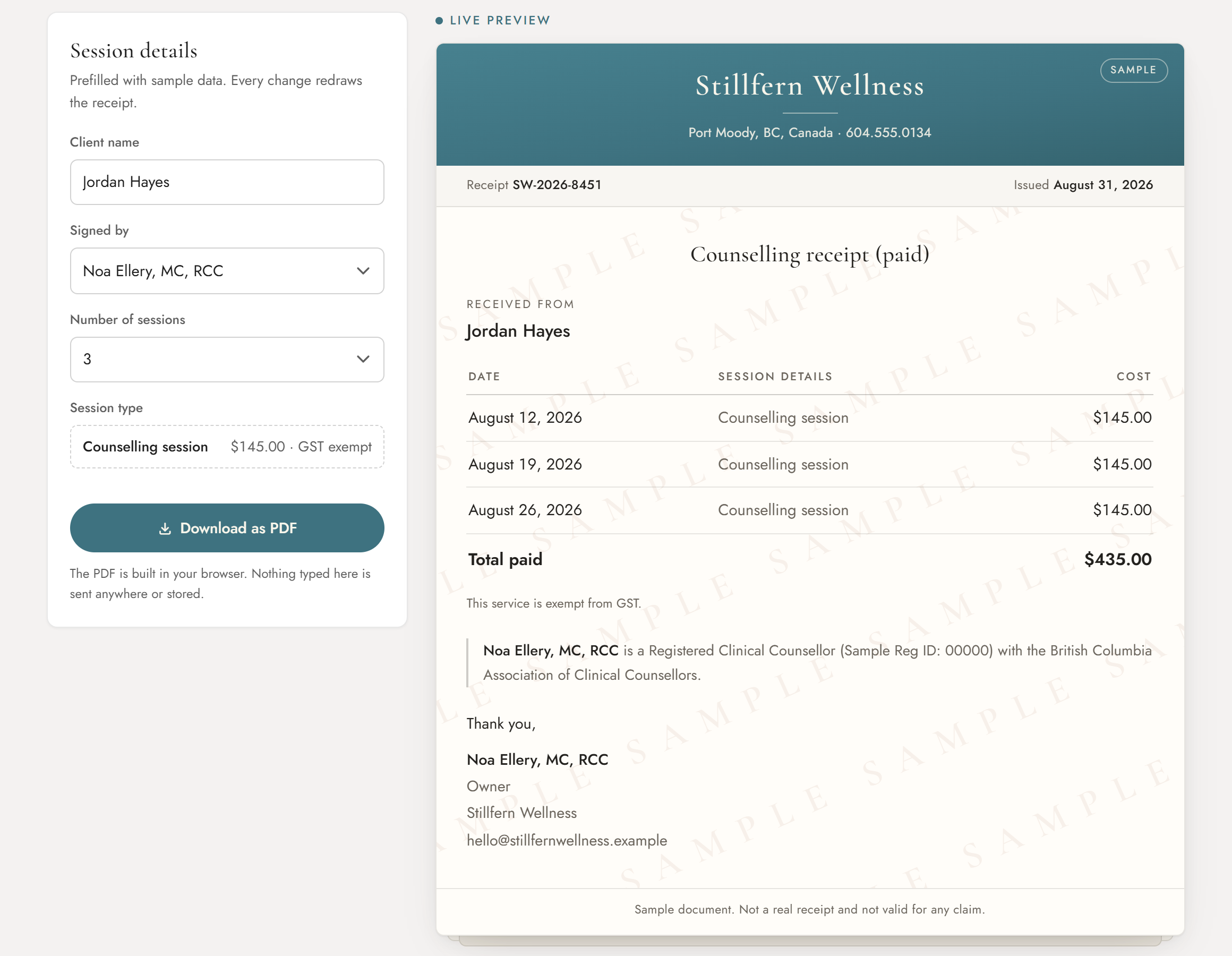 The receipt generator demo: a short staff form beside the live extended-health receipt it fills in and exports as a PDF.